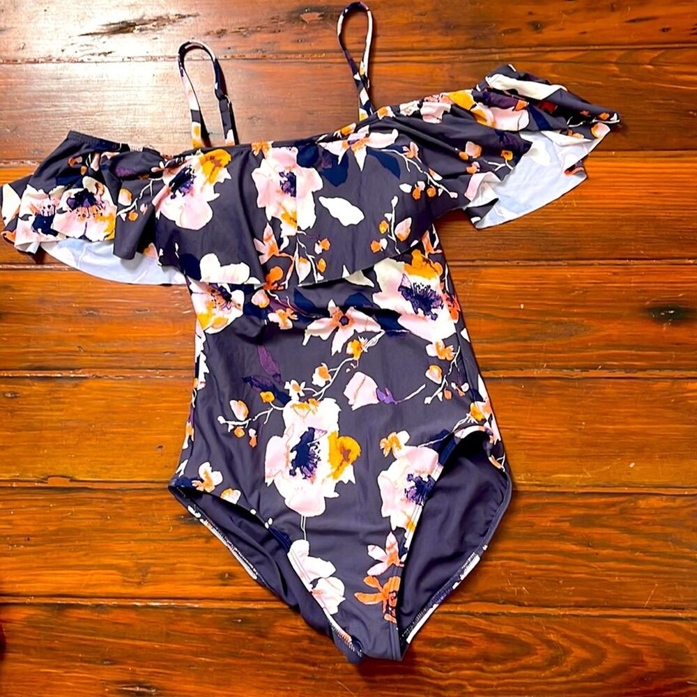 Sea Angel floral ruffle cold shoulder one piece bathing suit sz XS